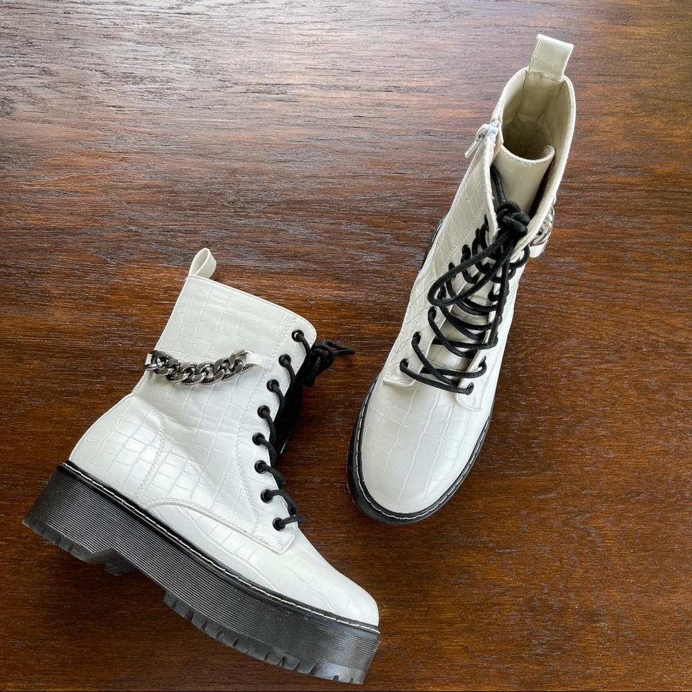 White Faux Reptile Combat boots Size 7